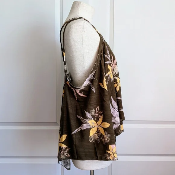 Free People Tank Top Floral Print Cotton  Sleeveless Draped Olive Combo M NWT - Picture 4 of 12